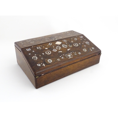 1097 - A Victorian rosewood writing slope with inlaid floral and foliate mother of pearl decoration, the to... 