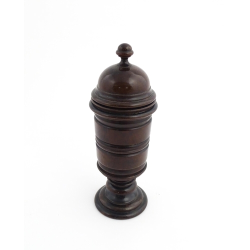 1121 - Treen : A 19thC turned mahogany lidded spice jar of unusual form. From the A. J. Levi Collection, no... 