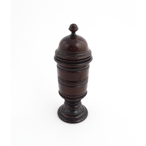 1121 - Treen : A 19thC turned mahogany lidded spice jar of unusual form. From the A. J. Levi Collection, no... 