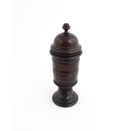 1121 - Treen : A 19thC turned mahogany lidded spice jar of unusual form. From the A. J. Levi Collection, no... 