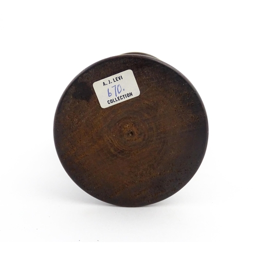 1121 - Treen : A 19thC turned mahogany lidded spice jar of unusual form. From the A. J. Levi Collection, no... 