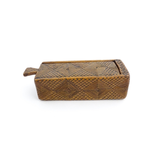 1133 - Treen : A 19thC folk art chip carved box with geometric detail and sliding top. Approx. 8 1/4