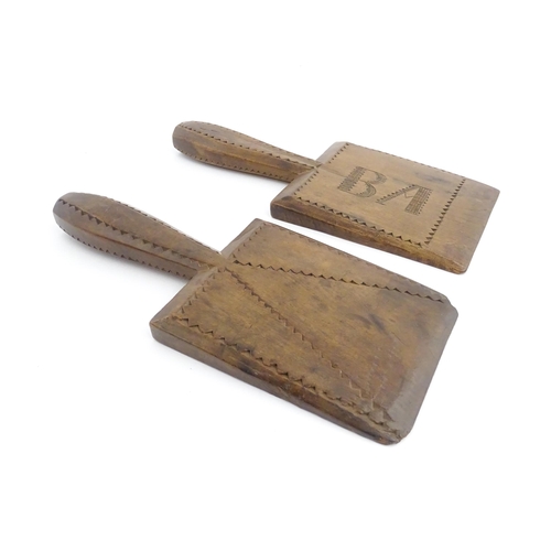 1135 - Treen : Two 19thC sycamore butter pats with chip carved detail. Approx. 9