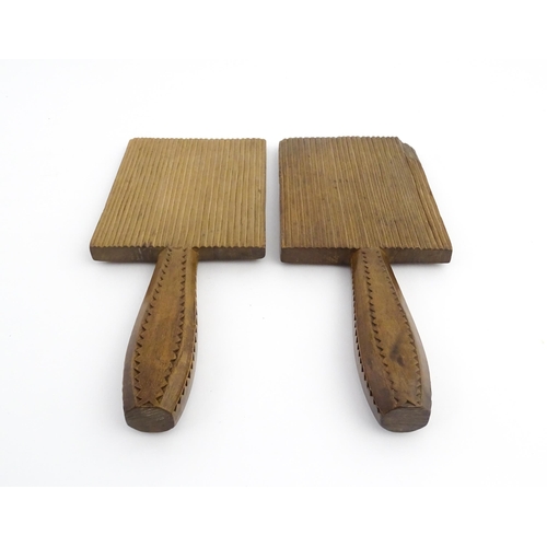 1135 - Treen : Two 19thC sycamore butter pats with chip carved detail. Approx. 9