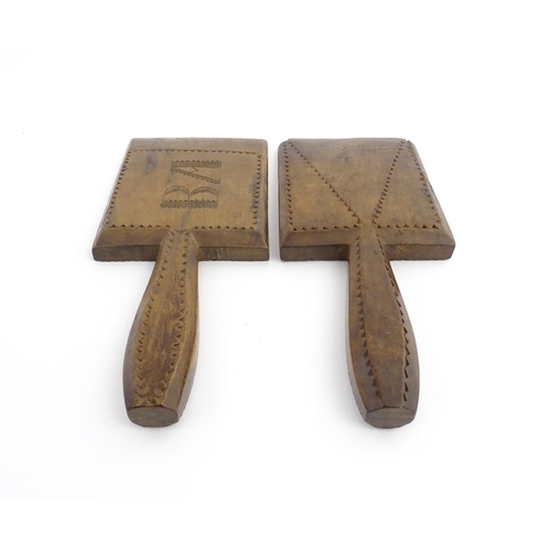 1135 - Treen : Two 19thC sycamore butter pats with chip carved detail. Approx. 9