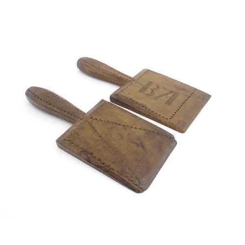 1135 - Treen : Two 19thC sycamore butter pats with chip carved detail. Approx. 9