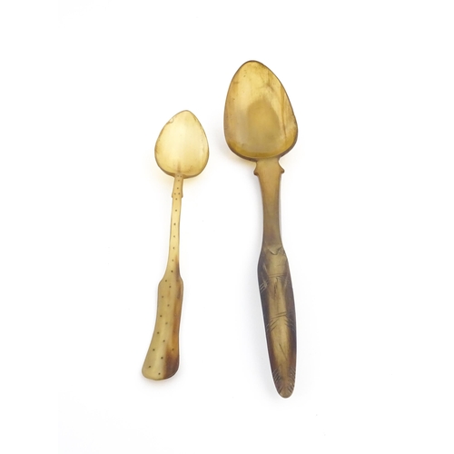 1138 - Two 19thC Scottish horn spoons, one with carved decoration, the other with inlaid dot detail. Larges... 