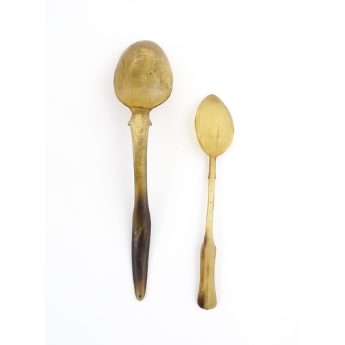 1138 - Two 19thC Scottish horn spoons, one with carved decoration, the other with inlaid dot detail. Larges... 