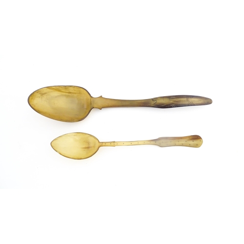 1138 - Two 19thC Scottish horn spoons, one with carved decoration, the other with inlaid dot detail. Larges... 