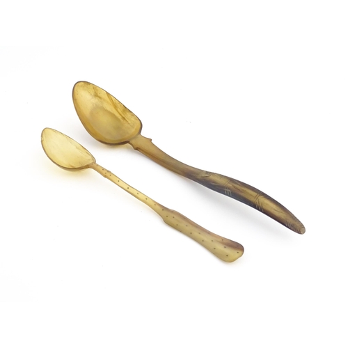 1138 - Two 19thC Scottish horn spoons, one with carved decoration, the other with inlaid dot detail. Larges... 