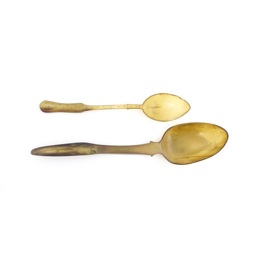 1138 - Two 19thC Scottish horn spoons, one with carved decoration, the other with inlaid dot detail. Larges... 