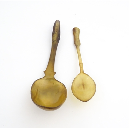 1138 - Two 19thC Scottish horn spoons, one with carved decoration, the other with inlaid dot detail. Larges... 