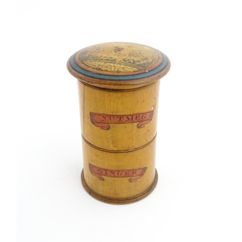 1144 - Treen : A 19thC boxwood two tier Tunbridge ware souvenir spice tower with nutmeg grater within lid, ... 