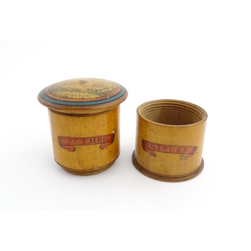 1144 - Treen : A 19thC boxwood two tier Tunbridge ware souvenir spice tower with nutmeg grater within lid, ... 