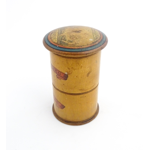 1144 - Treen : A 19thC boxwood two tier Tunbridge ware souvenir spice tower with nutmeg grater within lid, ... 