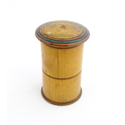 1144 - Treen : A 19thC boxwood two tier Tunbridge ware souvenir spice tower with nutmeg grater within lid, ... 