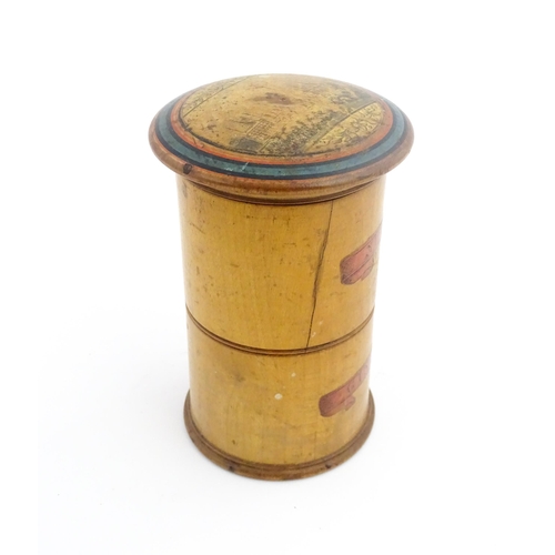 1144 - Treen : A 19thC boxwood two tier Tunbridge ware souvenir spice tower with nutmeg grater within lid, ... 