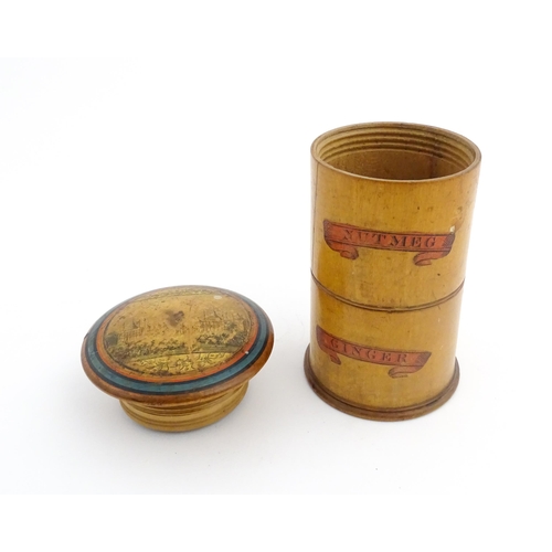 1144 - Treen : A 19thC boxwood two tier Tunbridge ware souvenir spice tower with nutmeg grater within lid, ... 