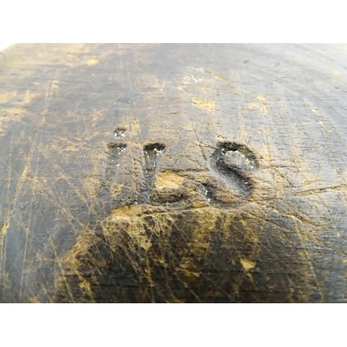 1149 - Treen : A 19thC Swedish wooden dish of circular form with impressed letters ILS under. Together with... 