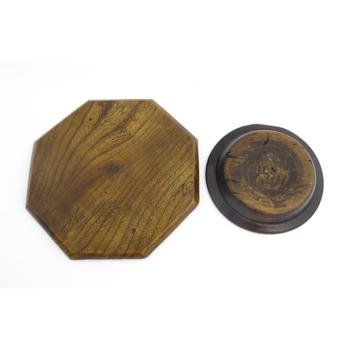 1149 - Treen : A 19thC Swedish wooden dish of circular form with impressed letters ILS under. Together with... 