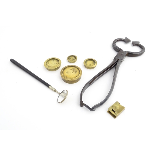 1153 - A quantity of assorted 19thC and later items to include steel sugar loaf cutters, a brass thread cou... 