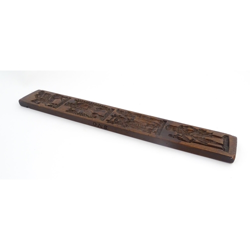 1157 - Treen : A 19thC Continental double sided carved fruitwood gingerbread biscuit / cookie mould with fi... 