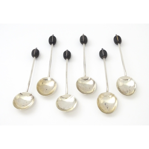 504 - A cased set of six silver coffee spoons with coffee bean finials, hallmarked Birmingham 1932, maker ... 