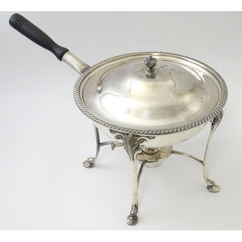 523 - A silver plate chafing dish on stand with burner by Garrard & Co. Approx. 11 3/4