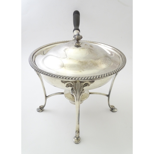 523 - A silver plate chafing dish on stand with burner by Garrard & Co. Approx. 11 3/4