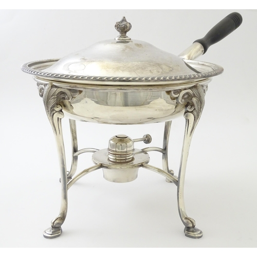 523 - A silver plate chafing dish on stand with burner by Garrard & Co. Approx. 11 3/4