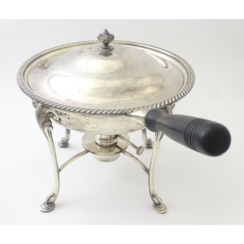 523 - A silver plate chafing dish on stand with burner by Garrard & Co. Approx. 11 3/4