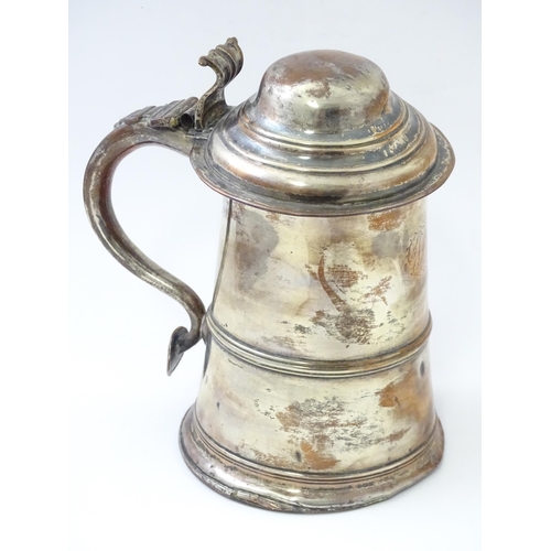 524 - An Old Sheffield Plate lidded tankard with loop handle. Approx. 8 1/2