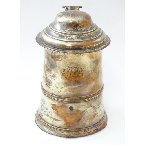 524 - An Old Sheffield Plate lidded tankard with loop handle. Approx. 8 1/2