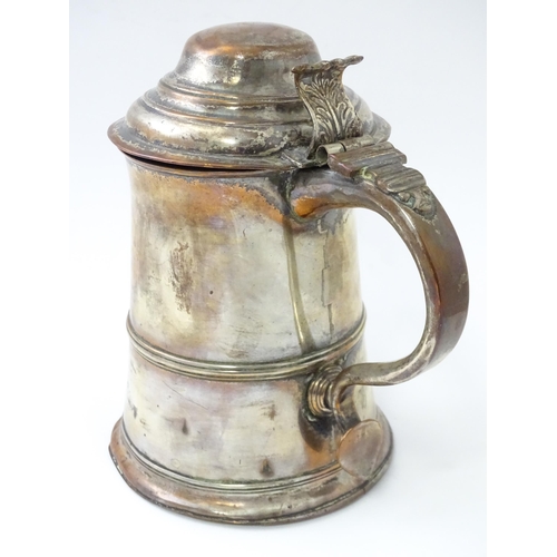 524 - An Old Sheffield Plate lidded tankard with loop handle. Approx. 8 1/2