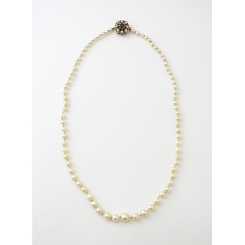 589 - A graduated pearl necklace with a 9ct gold clasp set with pearls and garnet. Approx. 17