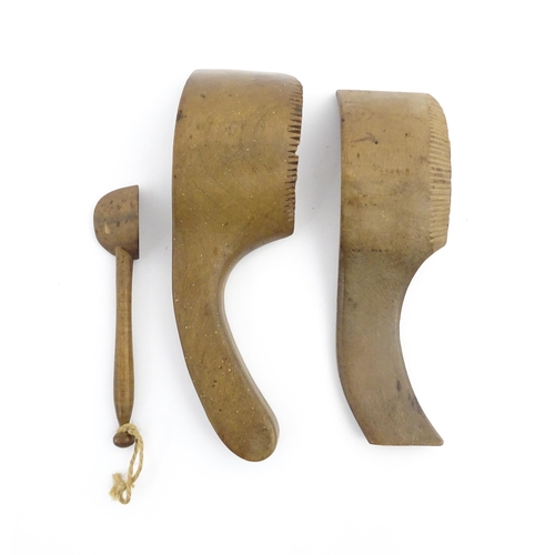 1159 - Treen : Two 19thC sycamore butter curlers having ribbed blades, one with carved foliate detail to ha... 