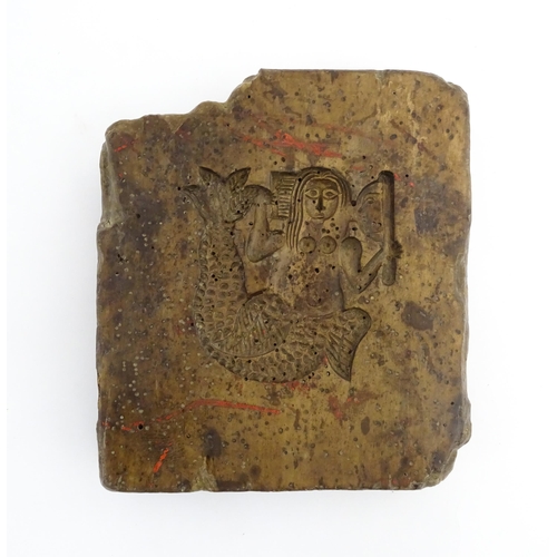 1161 - Treen : An 18thC sycamore biscuit / cookie mould with mermaid detail, the reverse with carved letter... 