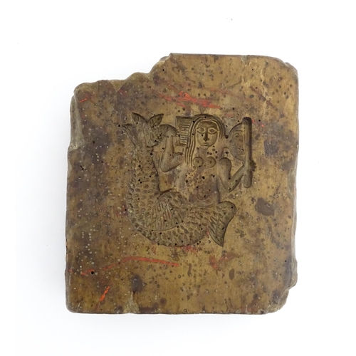 1161 - Treen : An 18thC sycamore biscuit / cookie mould with mermaid detail, the reverse with carved letter... 