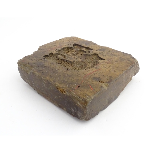 1161 - Treen : An 18thC sycamore biscuit / cookie mould with mermaid detail, the reverse with carved letter... 