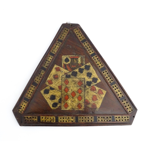 1165 - Treen : A 19thC mahogany cribbage board of triangular form with painted folk art playing card detail... 