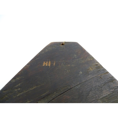 1165 - Treen : A 19thC mahogany cribbage board of triangular form with painted folk art playing card detail... 