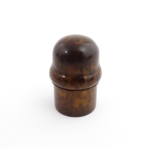 1173 - Treen : A small 19thC treen container with banded detail. Together with a small brass thimble. Pot a... 