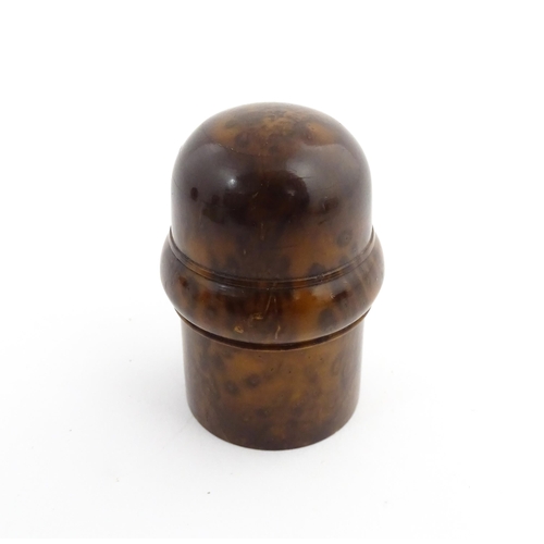 1173 - Treen : A small 19thC treen container with banded detail. Together with a small brass thimble. Pot a... 