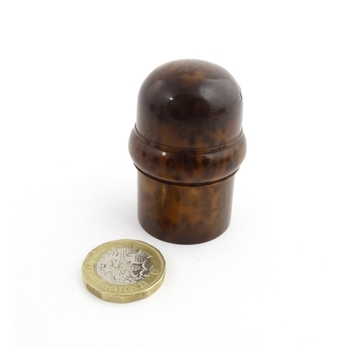 1173 - Treen : A small 19thC treen container with banded detail. Together with a small brass thimble. Pot a... 