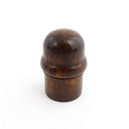 1173 - Treen : A small 19thC treen container with banded detail. Together with a small brass thimble. Pot a... 