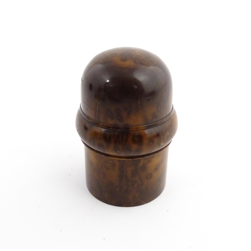 1173 - Treen : A small 19thC treen container with banded detail. Together with a small brass thimble. Pot a... 