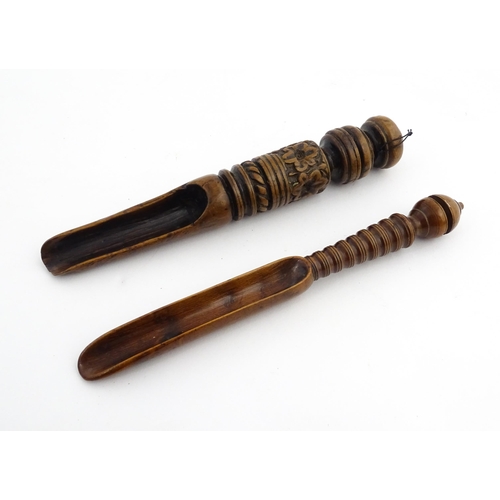 1175 - Treen : Two 18thC turned boxwood apple corers / cheese scoops, one with carved banded and floral dec... 