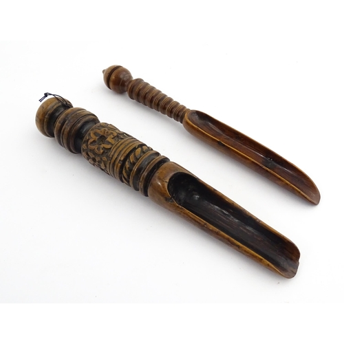 1175 - Treen : Two 18thC turned boxwood apple corers / cheese scoops, one with carved banded and floral dec... 