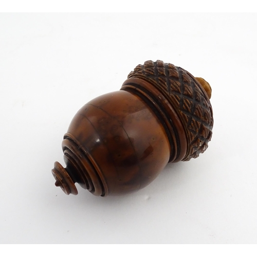 1176 - Treen : A 19thC carved coquilla nut nutmeg grater modelled as an acorn. Approx. 3