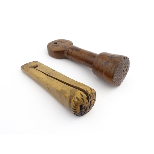 1182 - Treen : Two late 19th / early 20thC carved butter stamps, both decorated with initials, one dated 19... 